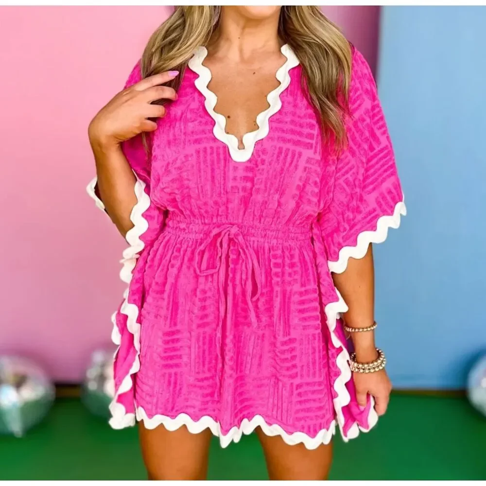 Entro Hot Pink Fuschia with White Ric Rac Swim Terry Cloth Cover-Up